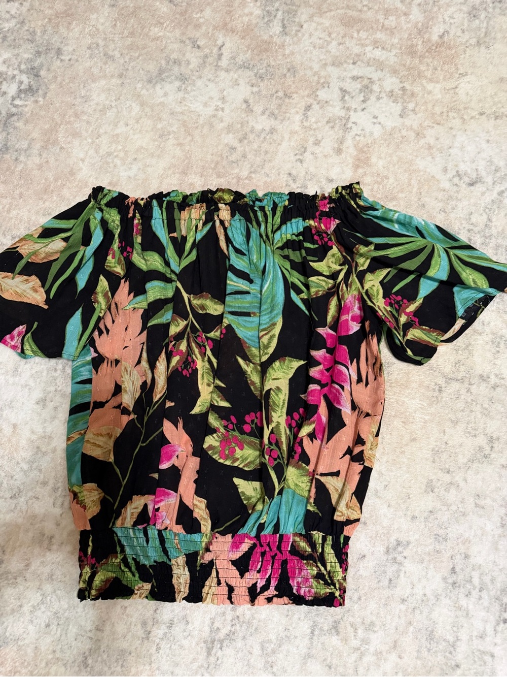 Rachel Off-Shoulder Tropical Floral Top - Black with Pink, Green, Teal